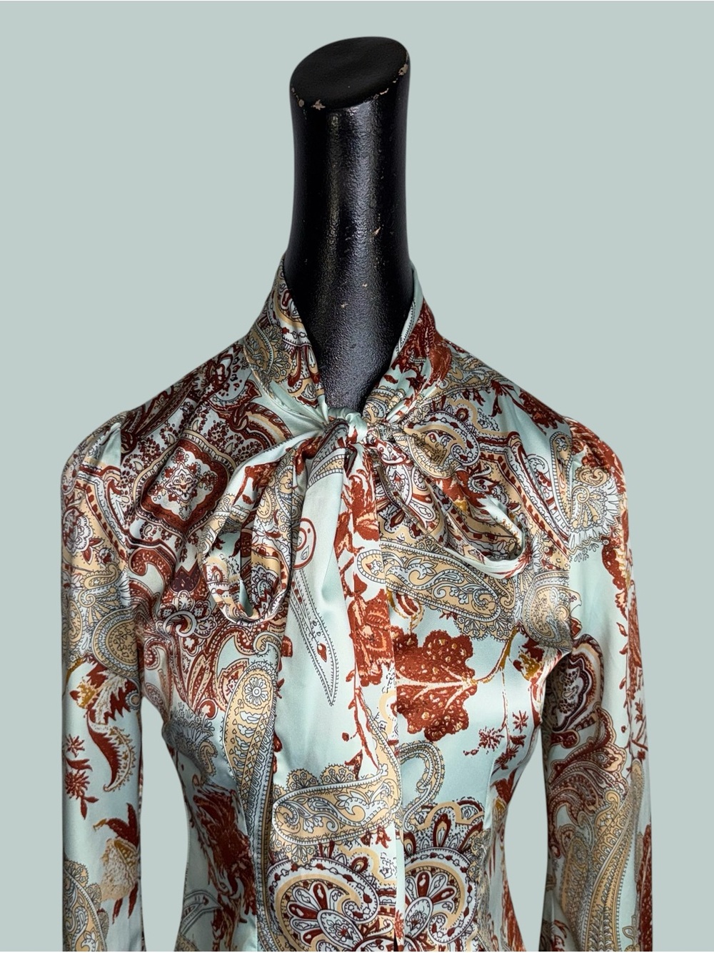 Hawes & Curtis Fitted Paisley Bow-Tie Blouse - Mint & Rust - Picture 5 of 9